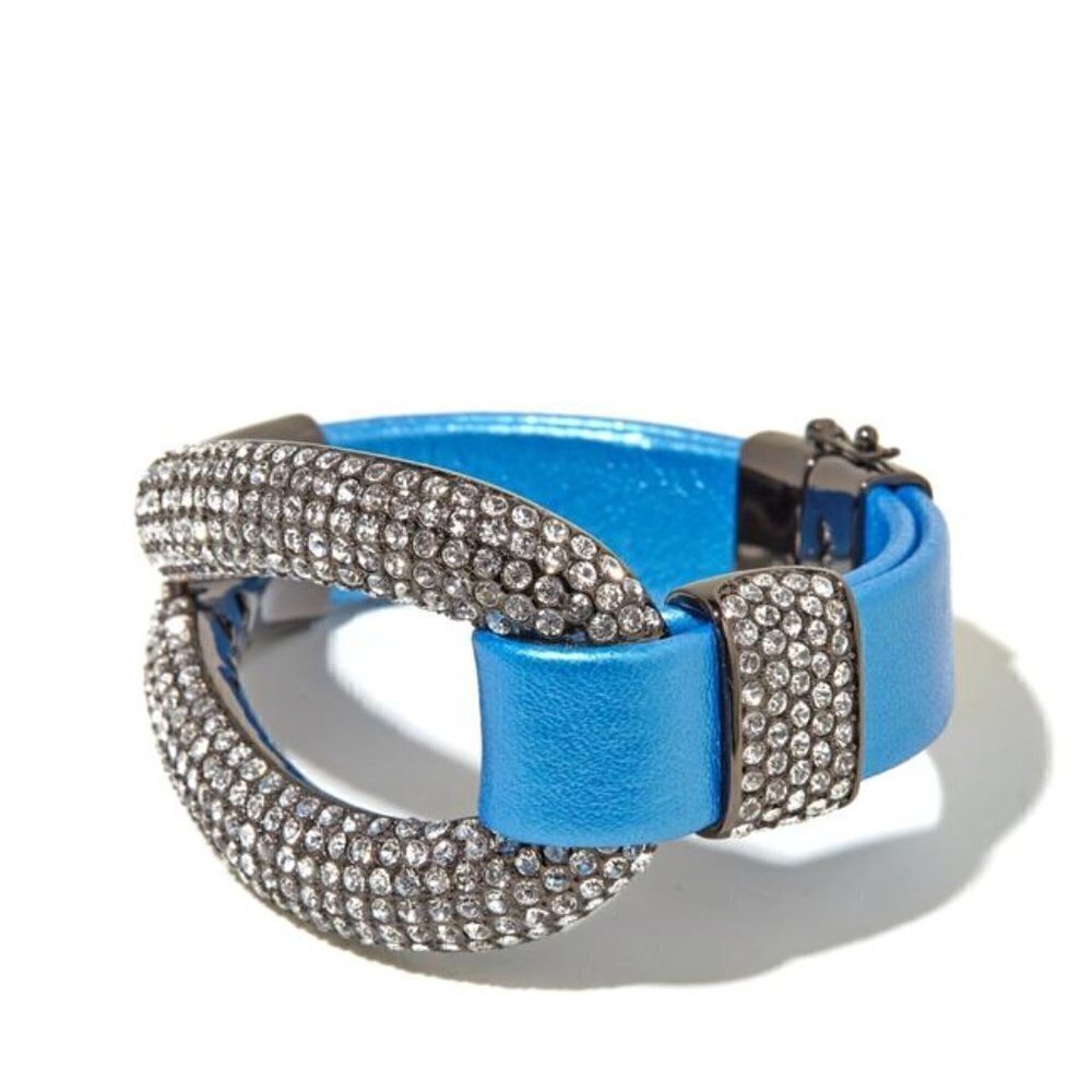Joan Boyce “Edgy Diva” Pave Bracelet Blue Leather New No Box SPARKLE! - Picture 2 of 11